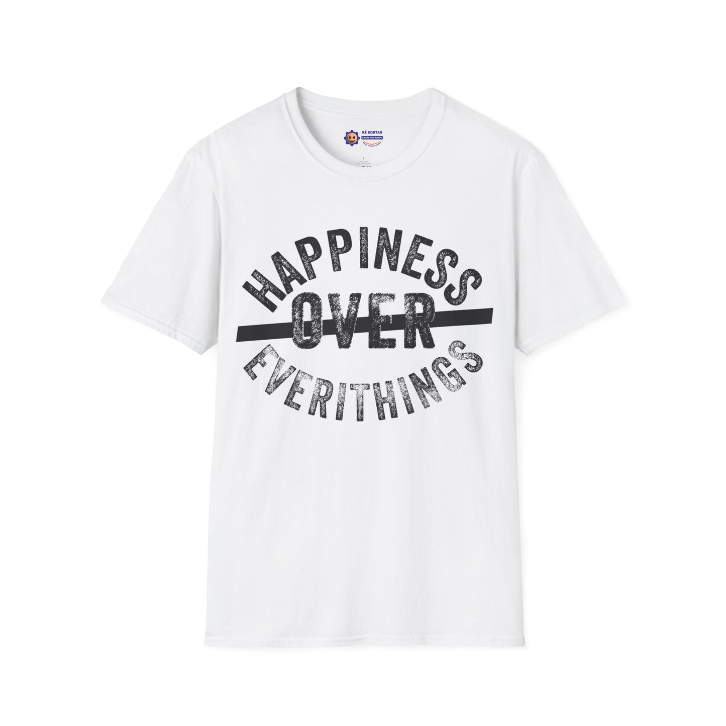 White t-shirt with 'Happiness Over Everithings' text on a white background