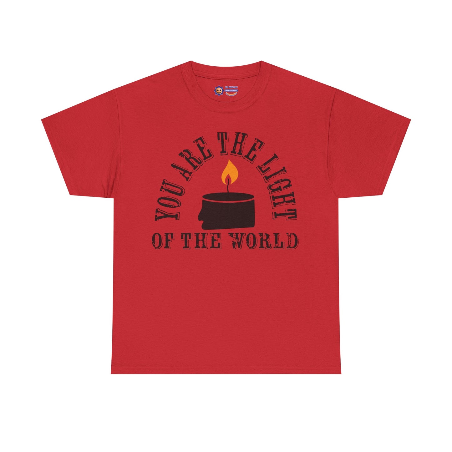 Red t-shirt with a black candle graphic and text on a white background