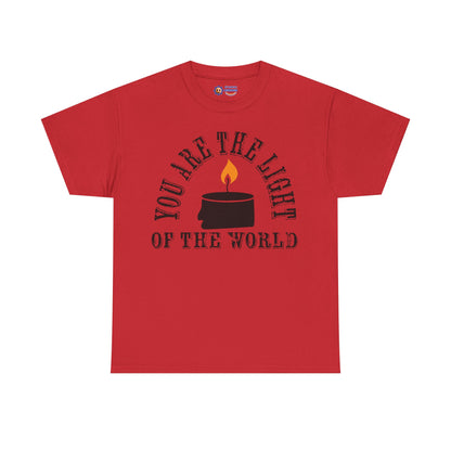 Red t-shirt with a black candle graphic and text on a white background