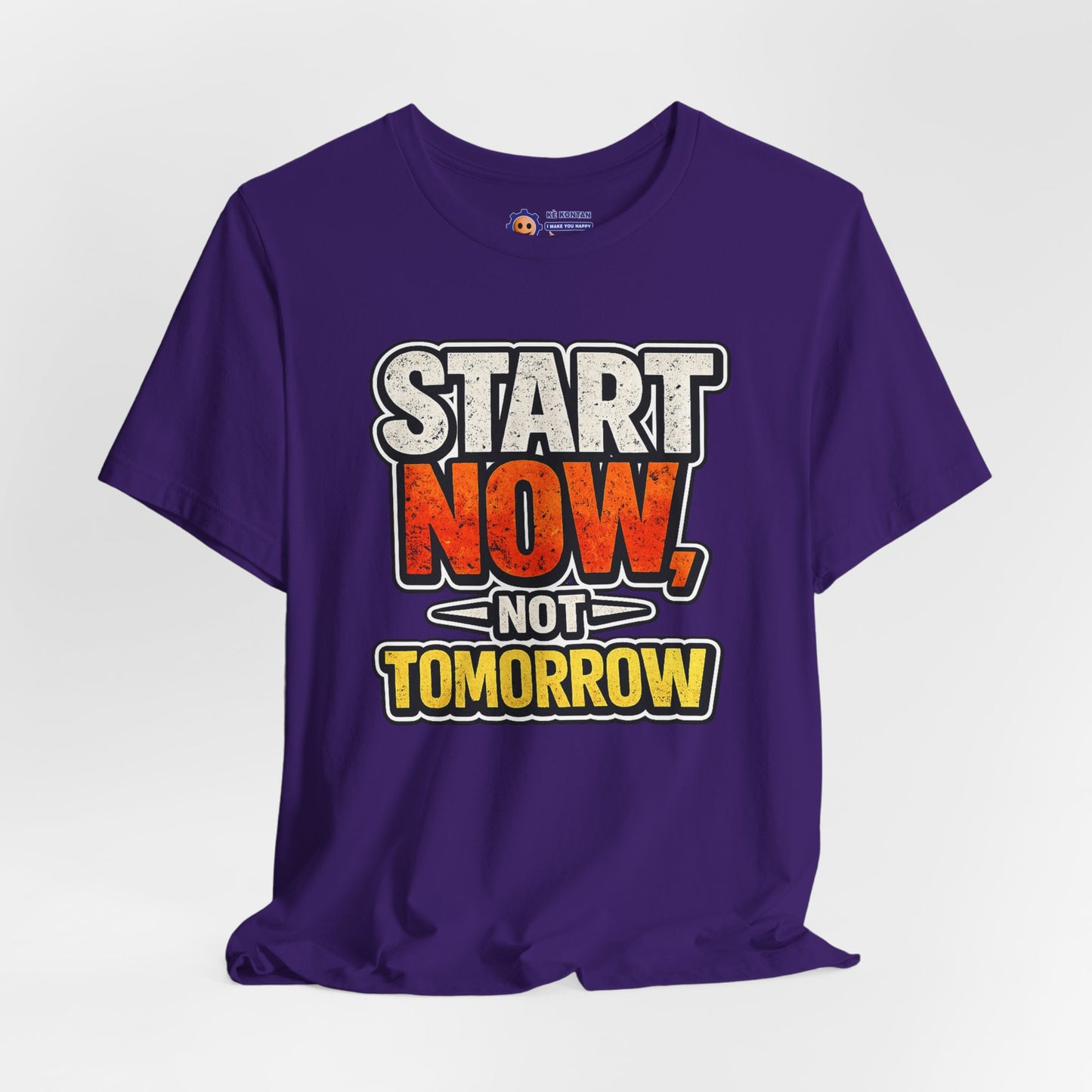 Purple t-shirt with motivational text 'Start Now, Not Tomorrow' on a white background