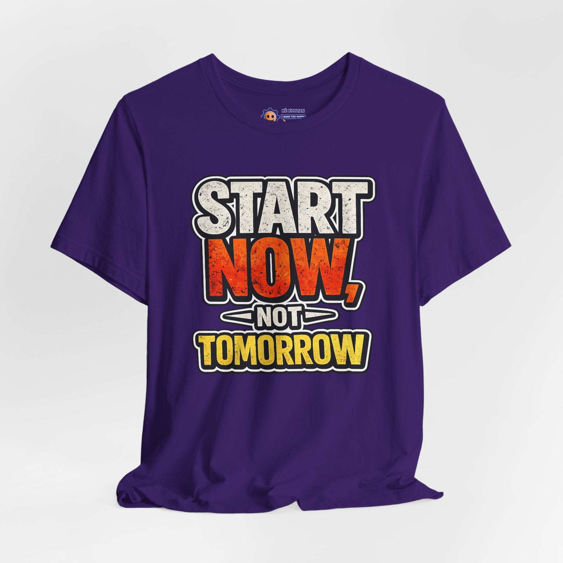 Purple t-shirt with motivational text 'Start Now, Not Tomorrow' on a white background