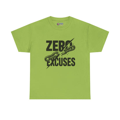 Green t-shirt with 'Zero Excuses' text and chain graphic on a white background