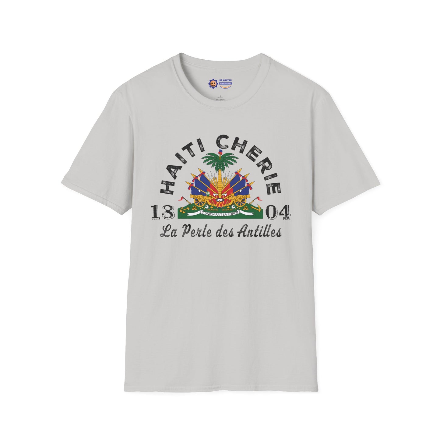 Light gray t-shirt with 'Haiti Chérie' design on a white background