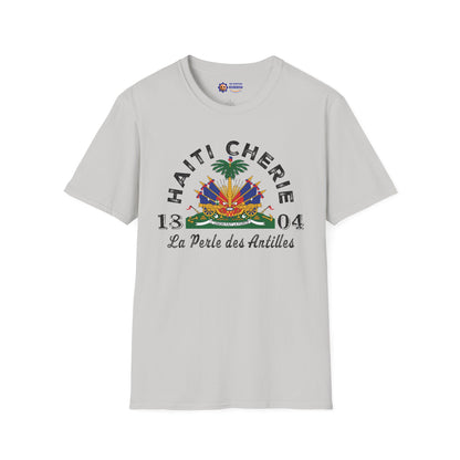 Light gray t-shirt with 'Haiti Chérie' design on a white background