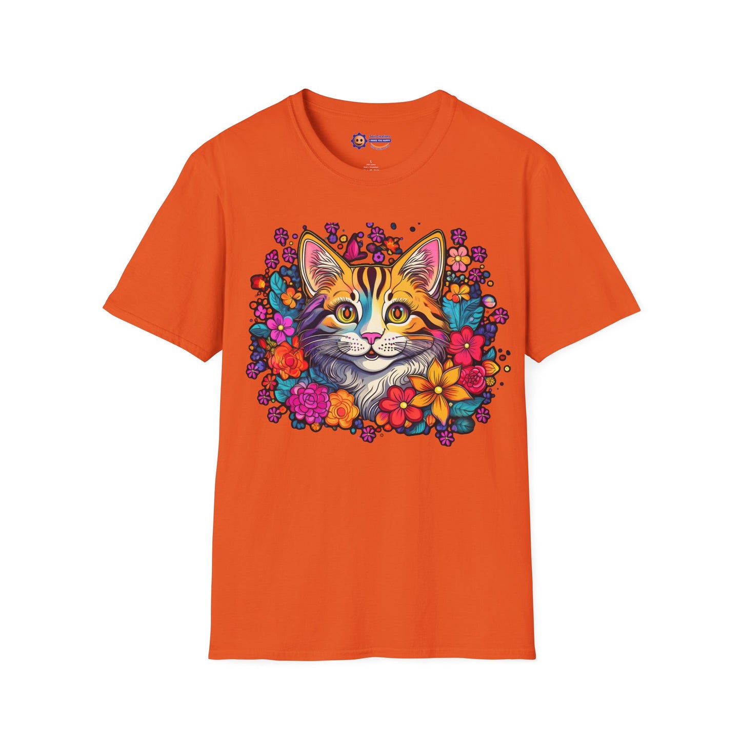 Orange t-shirt with a colorful cat graphic on a white background