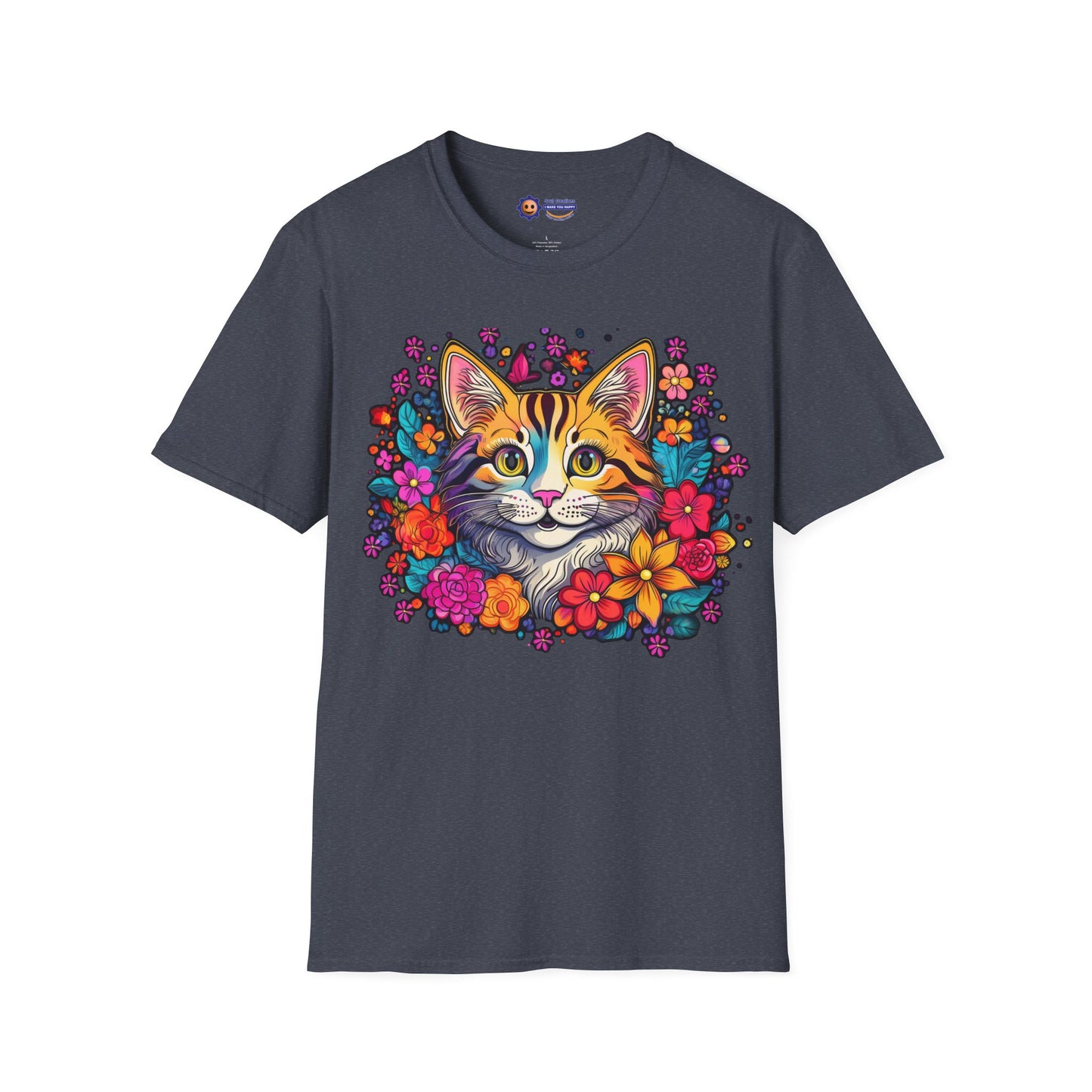 Gray t-shirt with a colorful cat and floral design on a white background