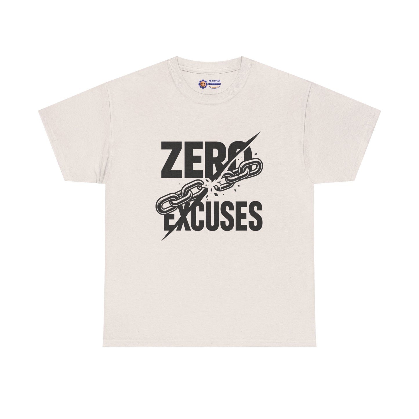 Beige t-shirt with 'Zero Excuses' graphic design on a white background