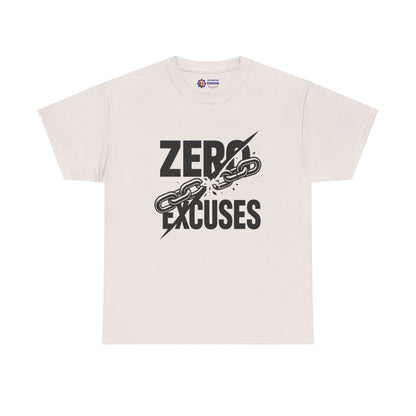 Beige t-shirt with 'Zero Excuses' graphic design on a white background