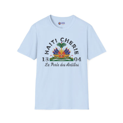 Light blue t-shirt with 'Haiti Chérie' text and emblem on a white background