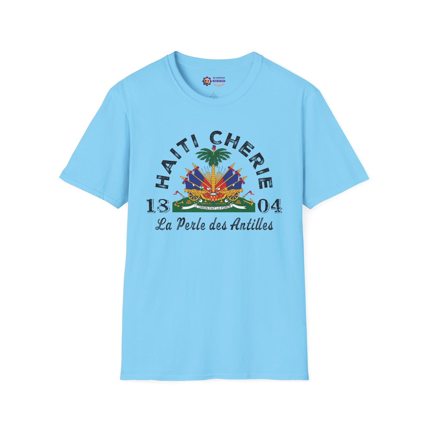Light blue t-shirt with 'Haiti Chérie' design on a white background