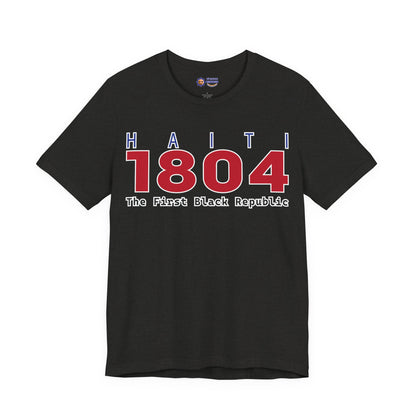 Black t-shirt with 'Haiti 1804 The First Black Republic' text on a white background