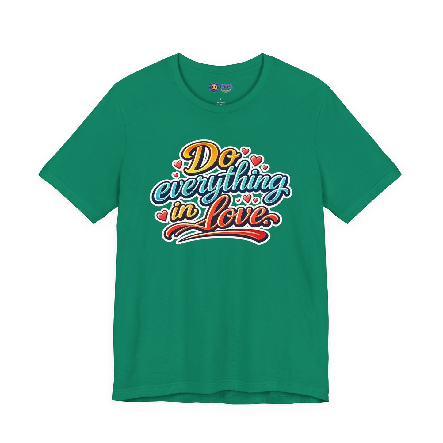 Green t-shirt with colorful text design on a white background
