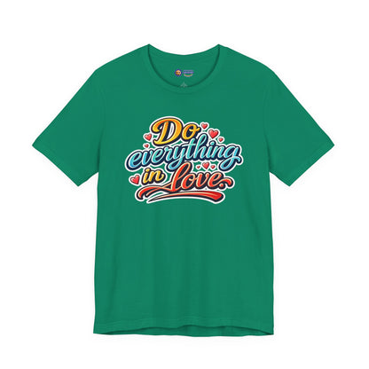 Green t-shirt with colorful text design on a white background