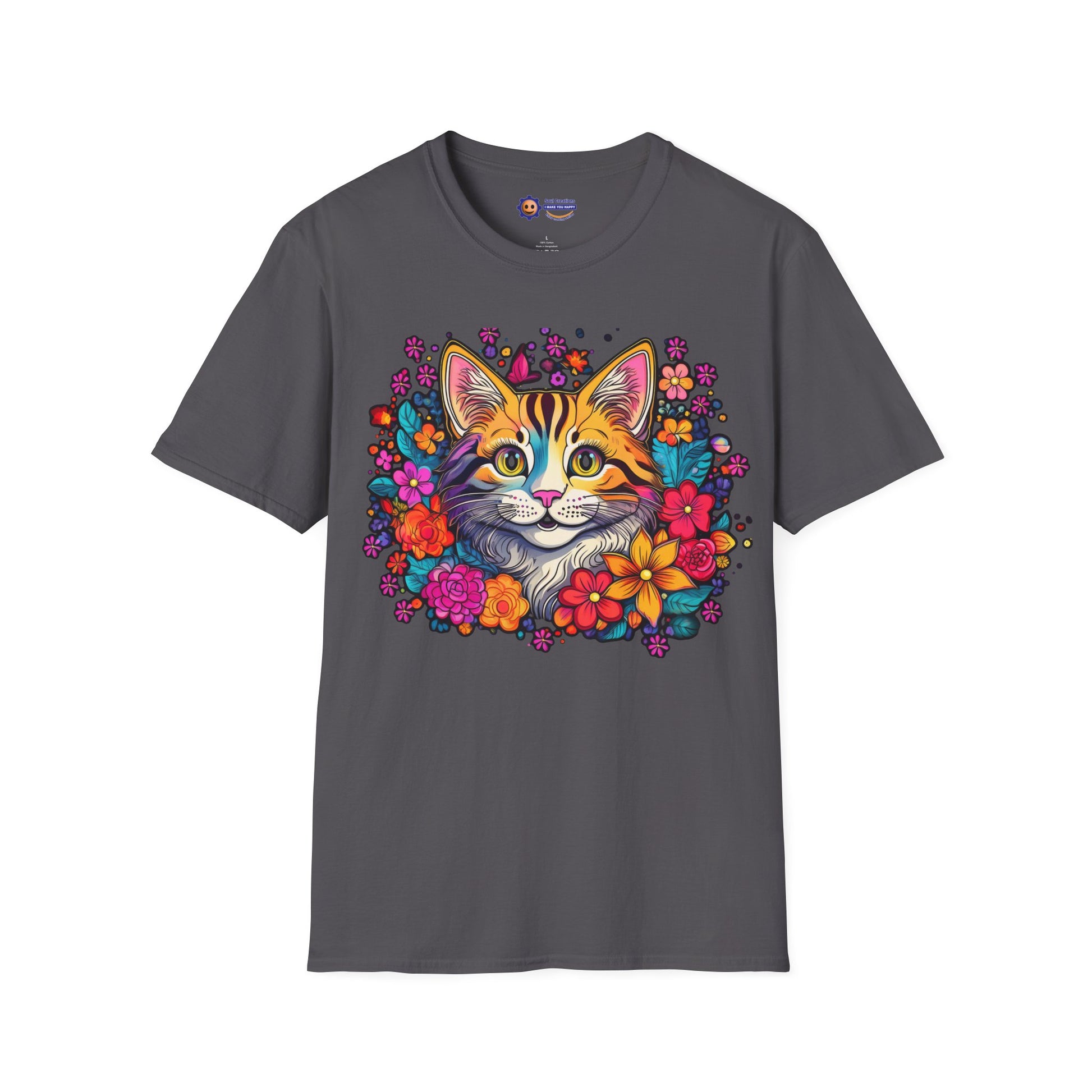 Gray t-shirt with a colorful cat and floral design on a white background