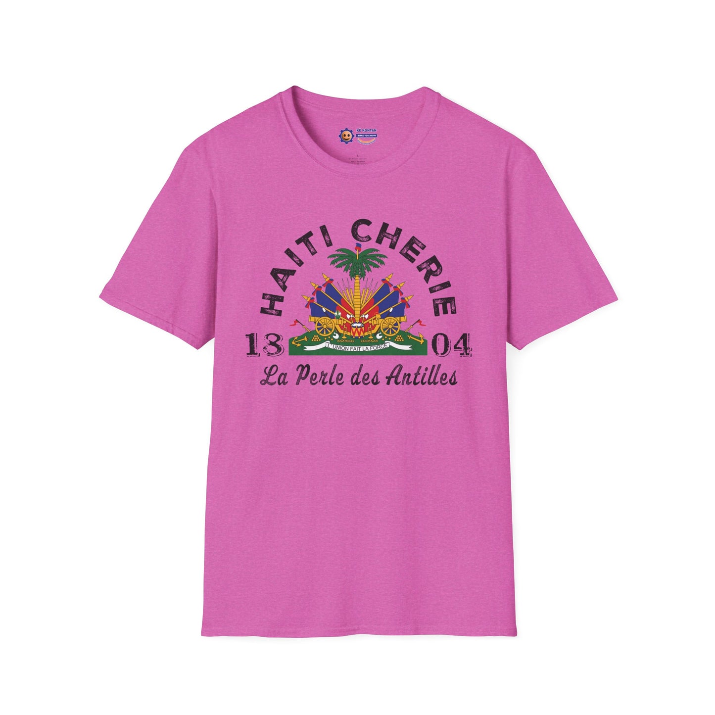 Pink t-shirt with 'Haiti Chérie' text and emblem on a white background