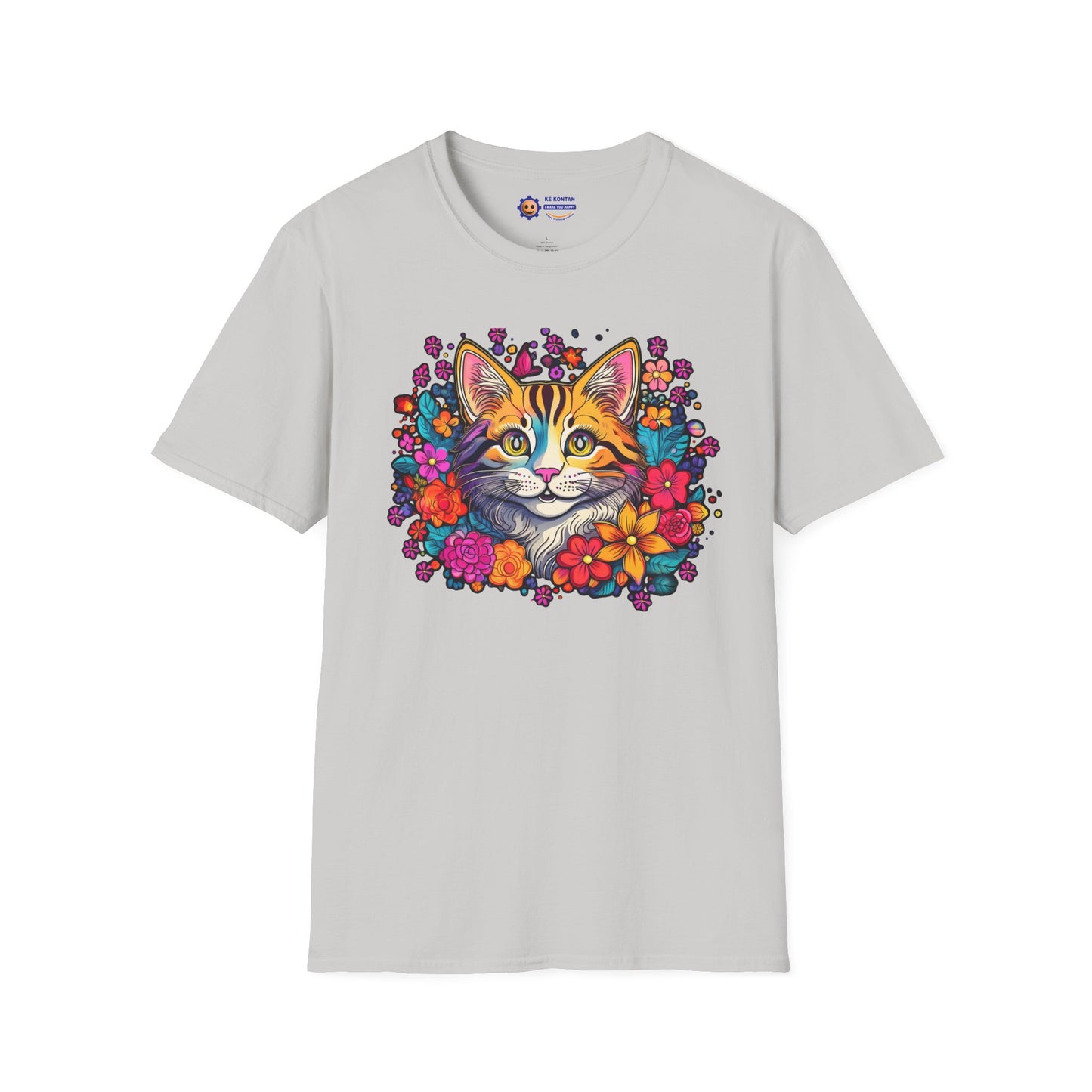Light gray "Happy Cat in Flowers design on white unisex softstyle t-shirt"