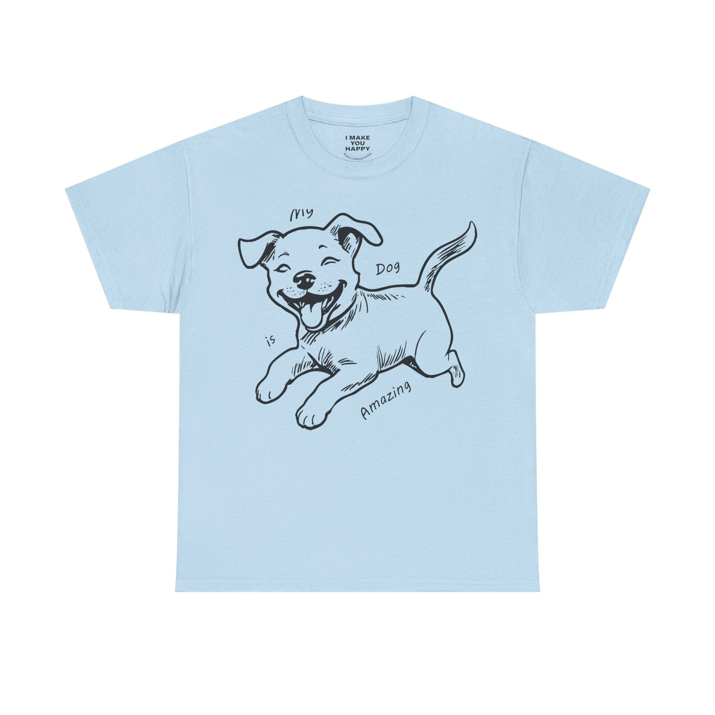 Light blue t-shirt with a black dog illustration and text on a white background