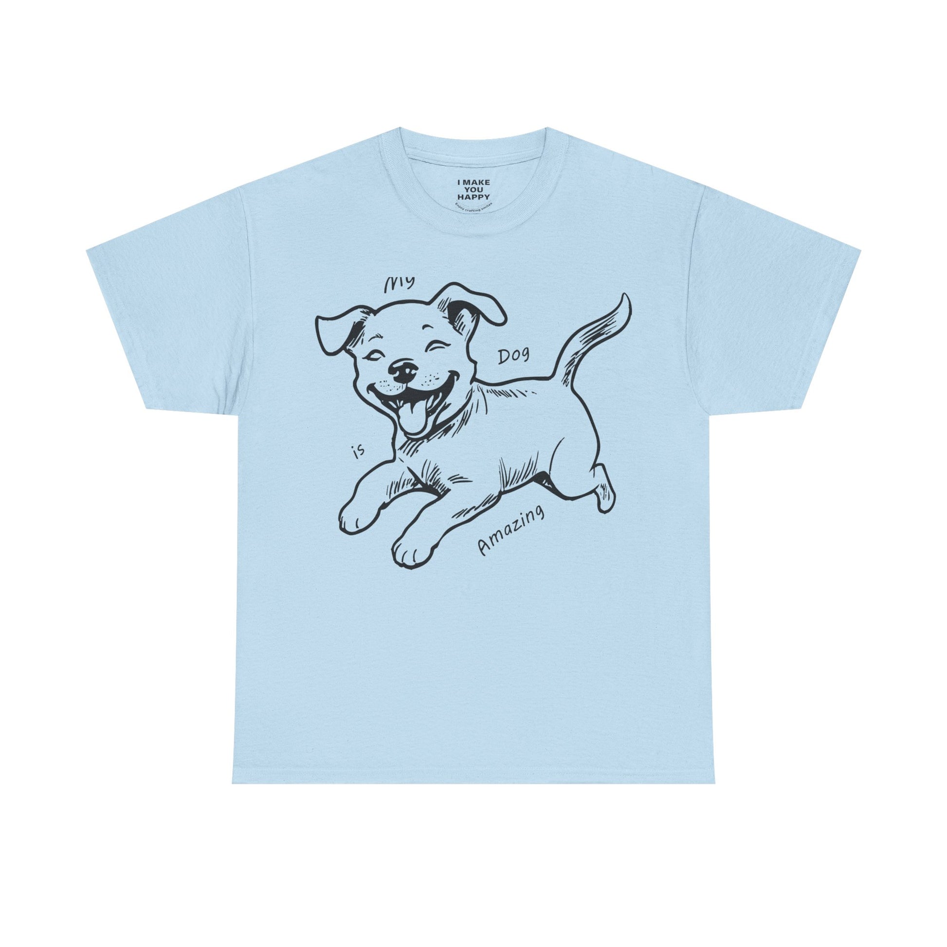 Light blue t-shirt with a black dog illustration and text on a white background