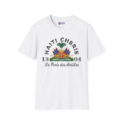 White t-shirt with 'Haiti Chérie' design featuring a palm tree and flags on a white background