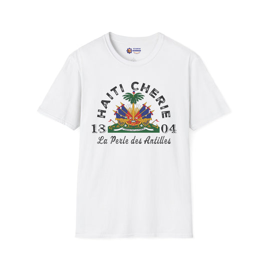 White t-shirt with 'Haiti Chérie' design featuring a palm tree and flags on a white background