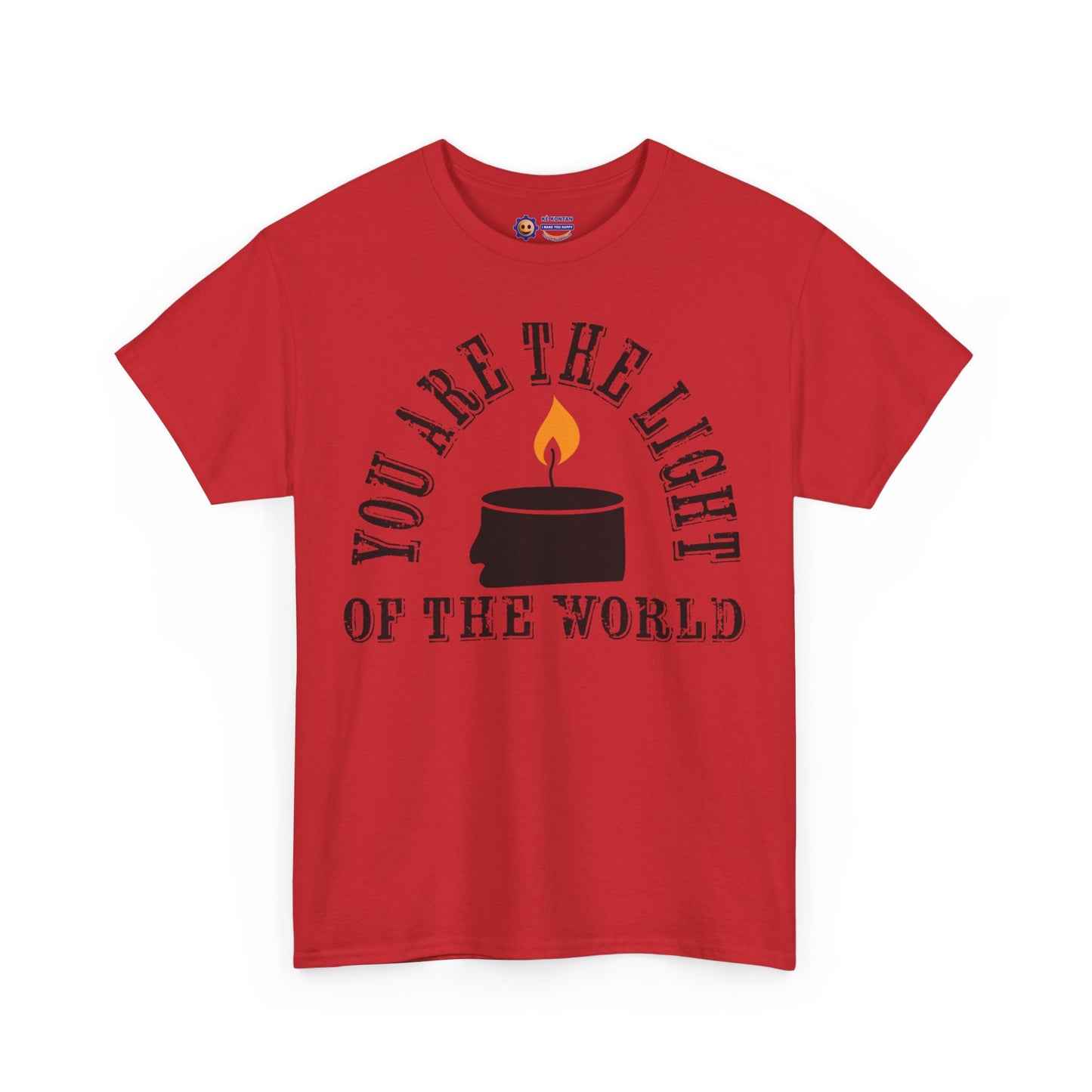 Red t-shirt with a candle graphic and text on a white background