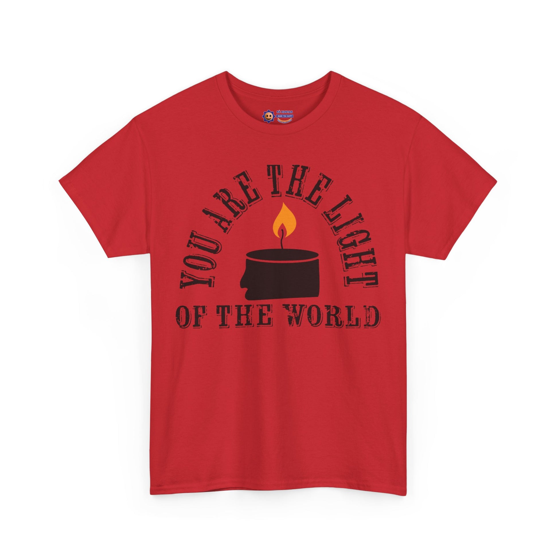 Red t-shirt with a candle graphic and text on a white background