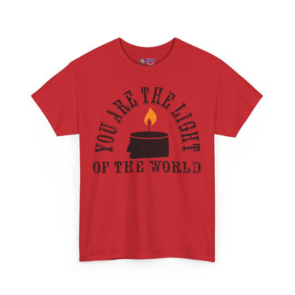 Red t-shirt with a candle graphic and text on a white background
