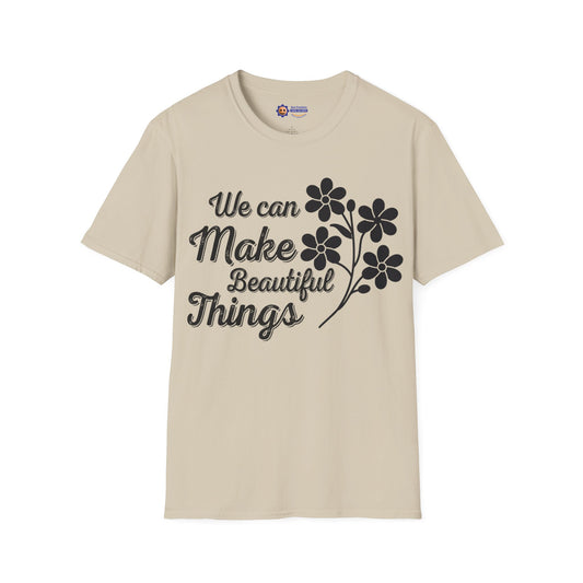 Beige t-shirt with black floral design and text on a white background