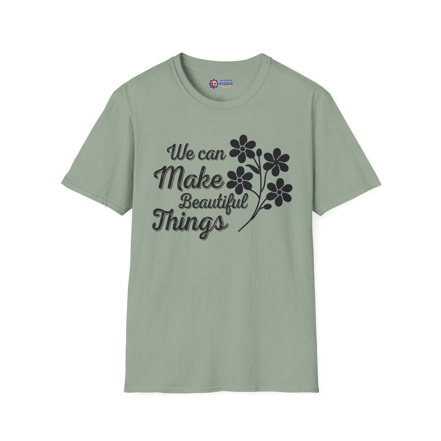 Sage green t-shirt with black text and floral design on a white background