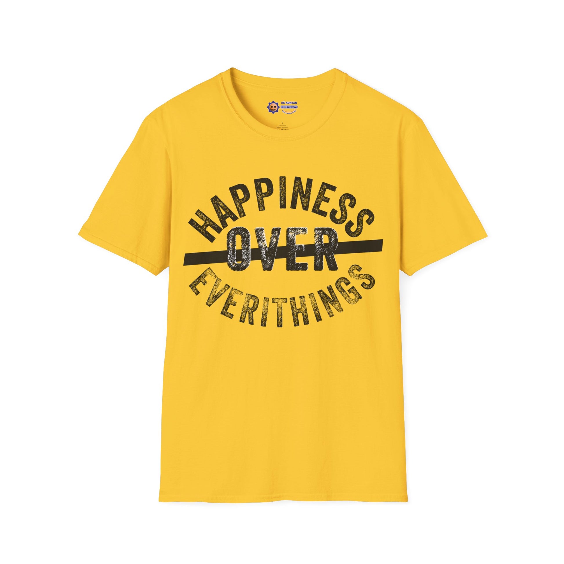 Yellow t-shirt with 'Happiness Over Everithings' text on a white background
