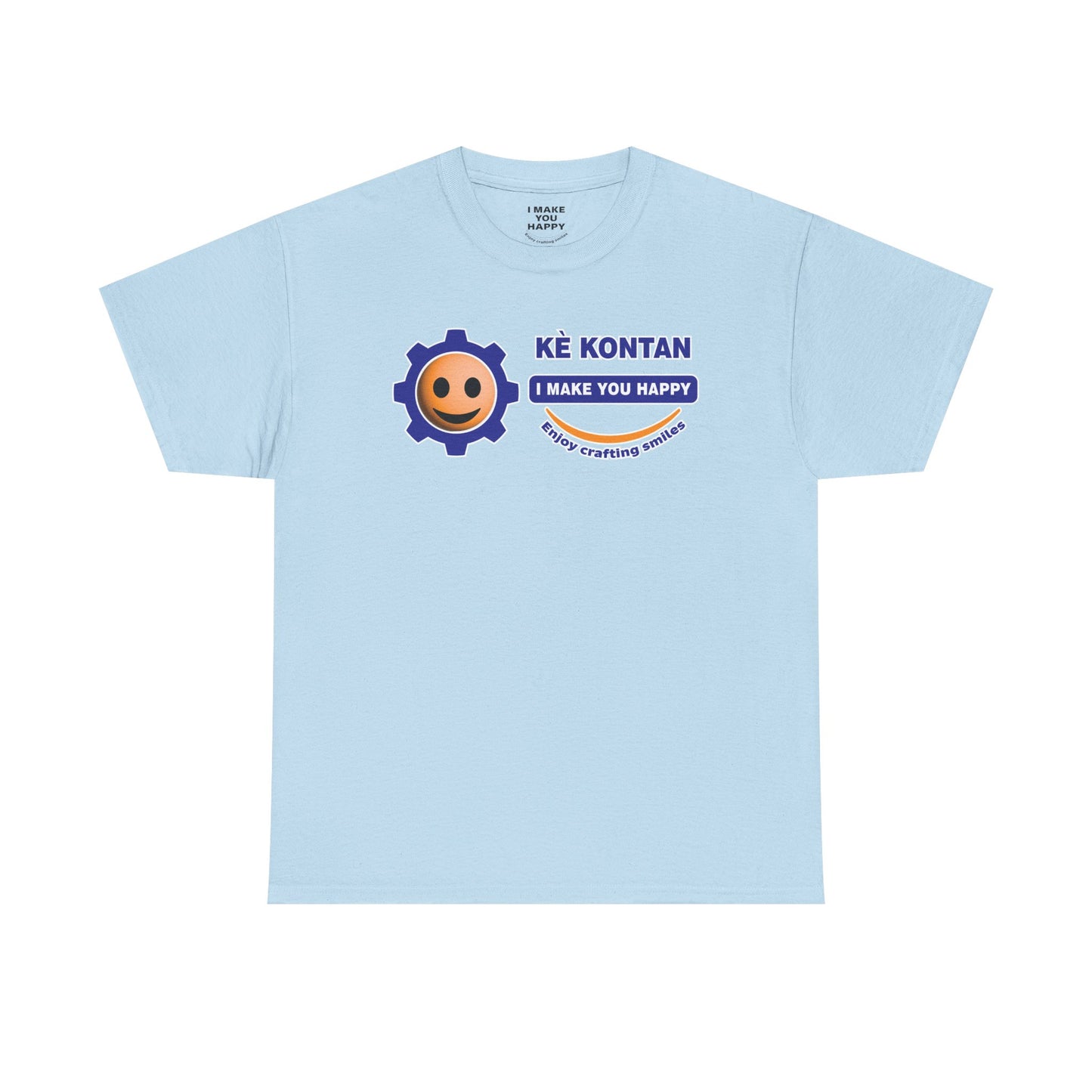 Light blue t-shirt with a smiley face and text design on a white background