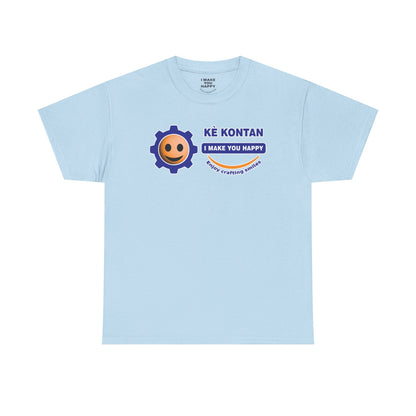 Light blue t-shirt with a smiley face and text design on a white background