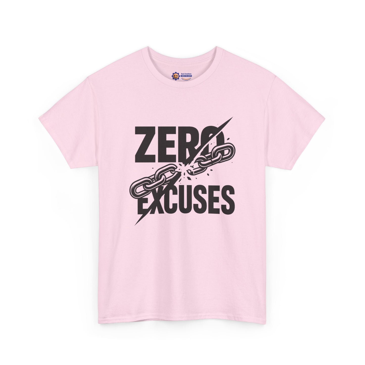 Pink t-shirt with 'Zero Excuses' text and chain graphic on a white background