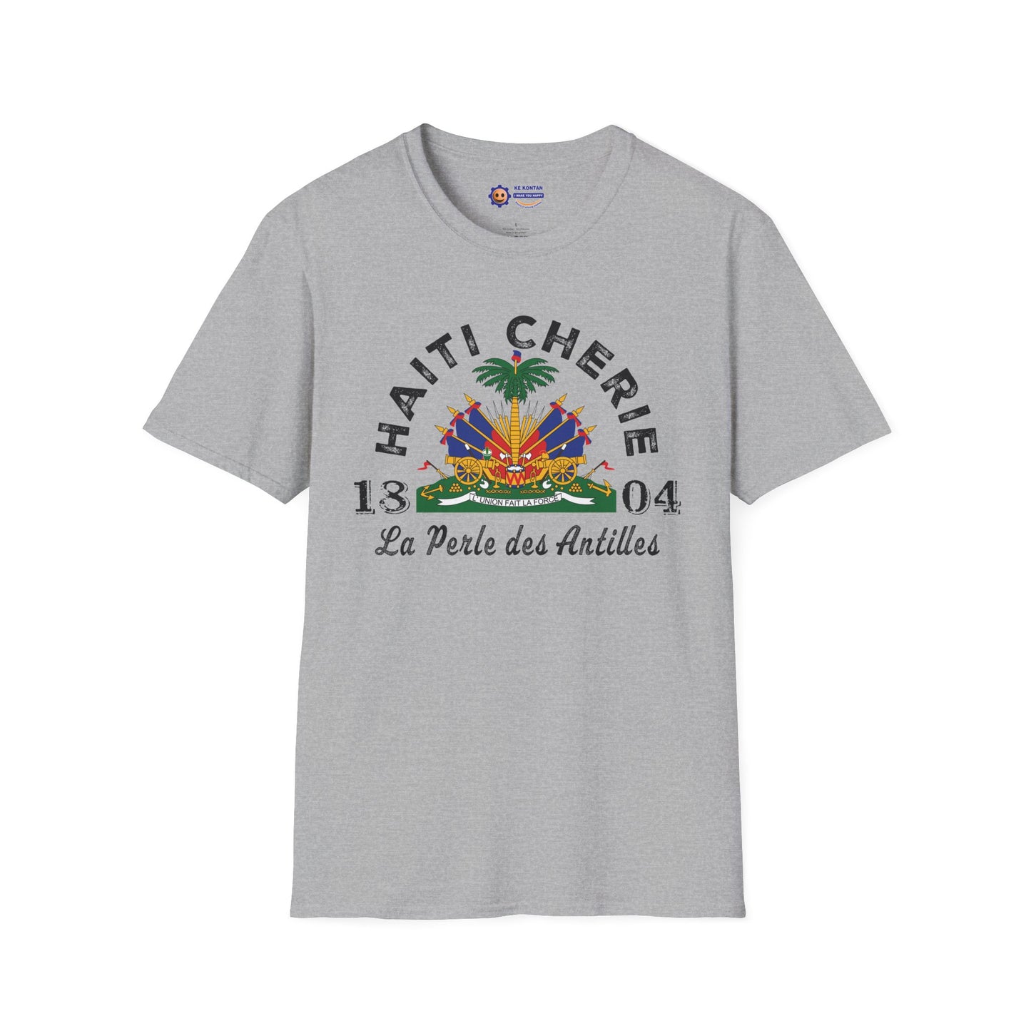 Gray t-shirt with 'Haiti Chérie' text and emblem on a white background