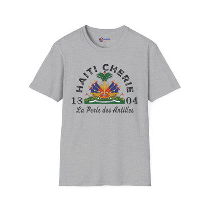 Gray t-shirt with 'Haiti Chérie' text and emblem on a white background