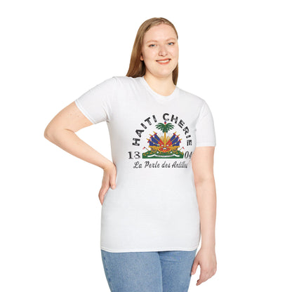 Woman wearing a white t-shirt with 'Haiti Chérie' design on a white background