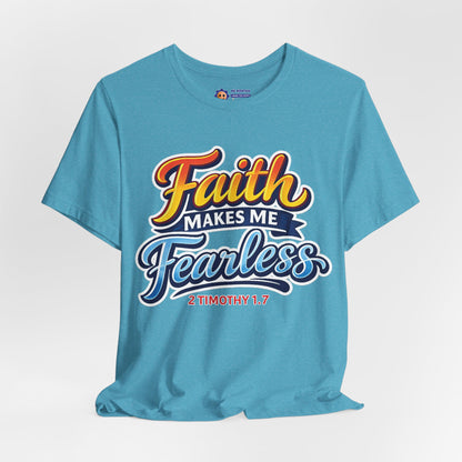 Blue t-shirt with 'Faith Makes Me Fearless' text on a light gray background