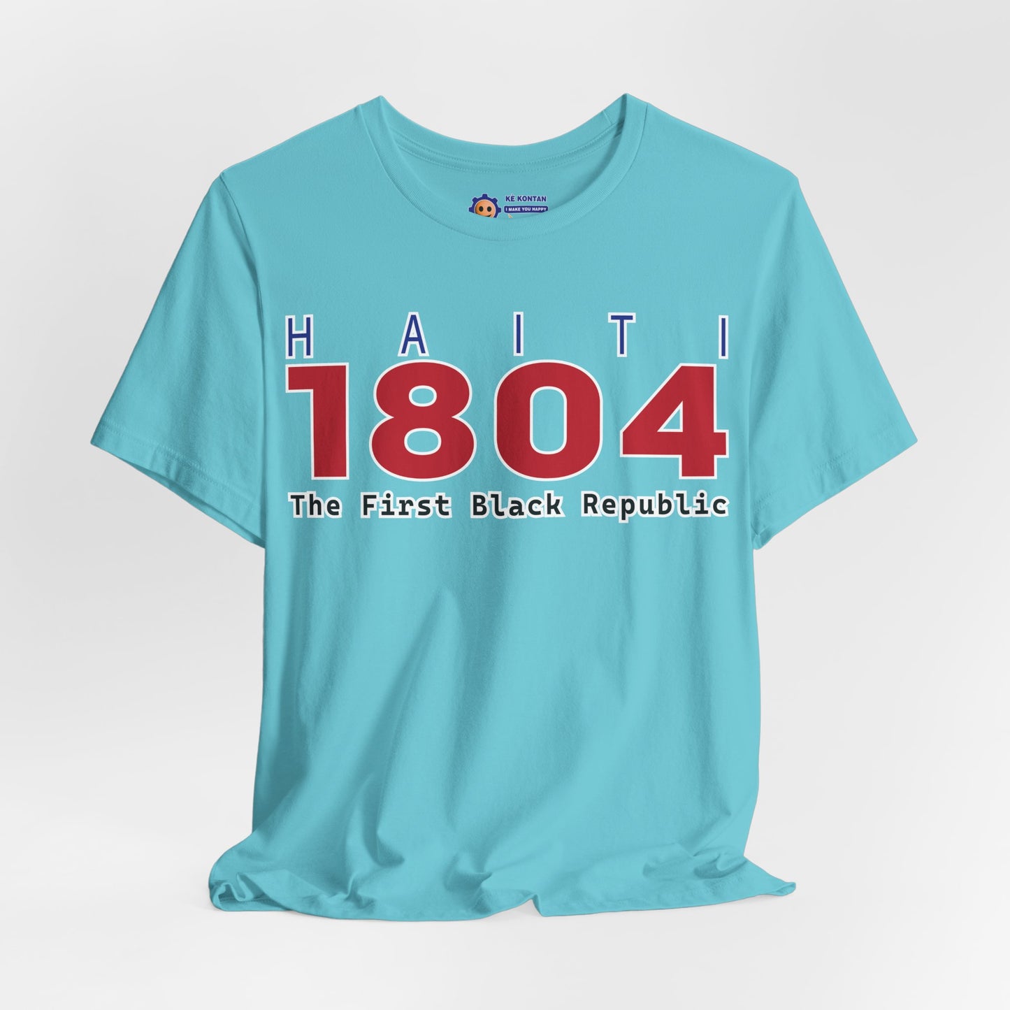 Light blue t-shirt with red and white text on a light gray background