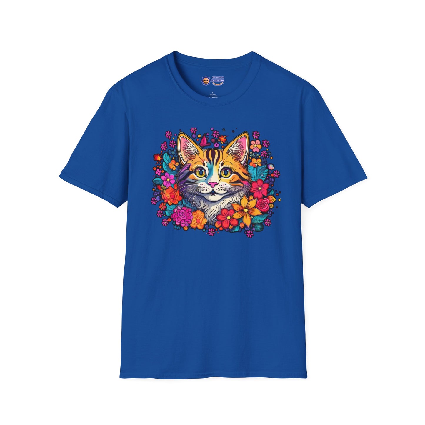 Blue "Happy Cat in Flowers design on white unisex softstyle t-shirt"