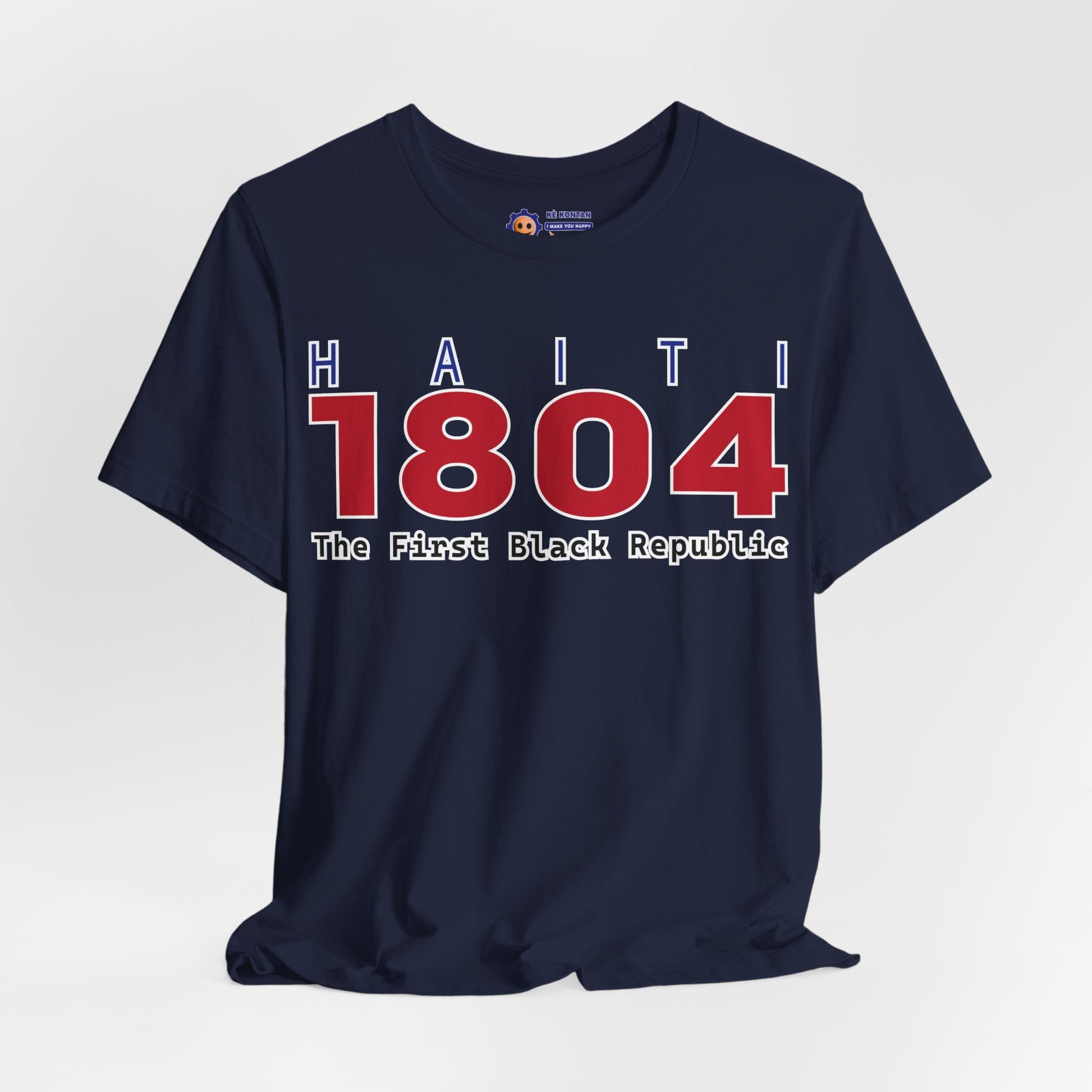 Navy blue t-shirt with 'Haiti 1804 The First Black Republic' text on a white background