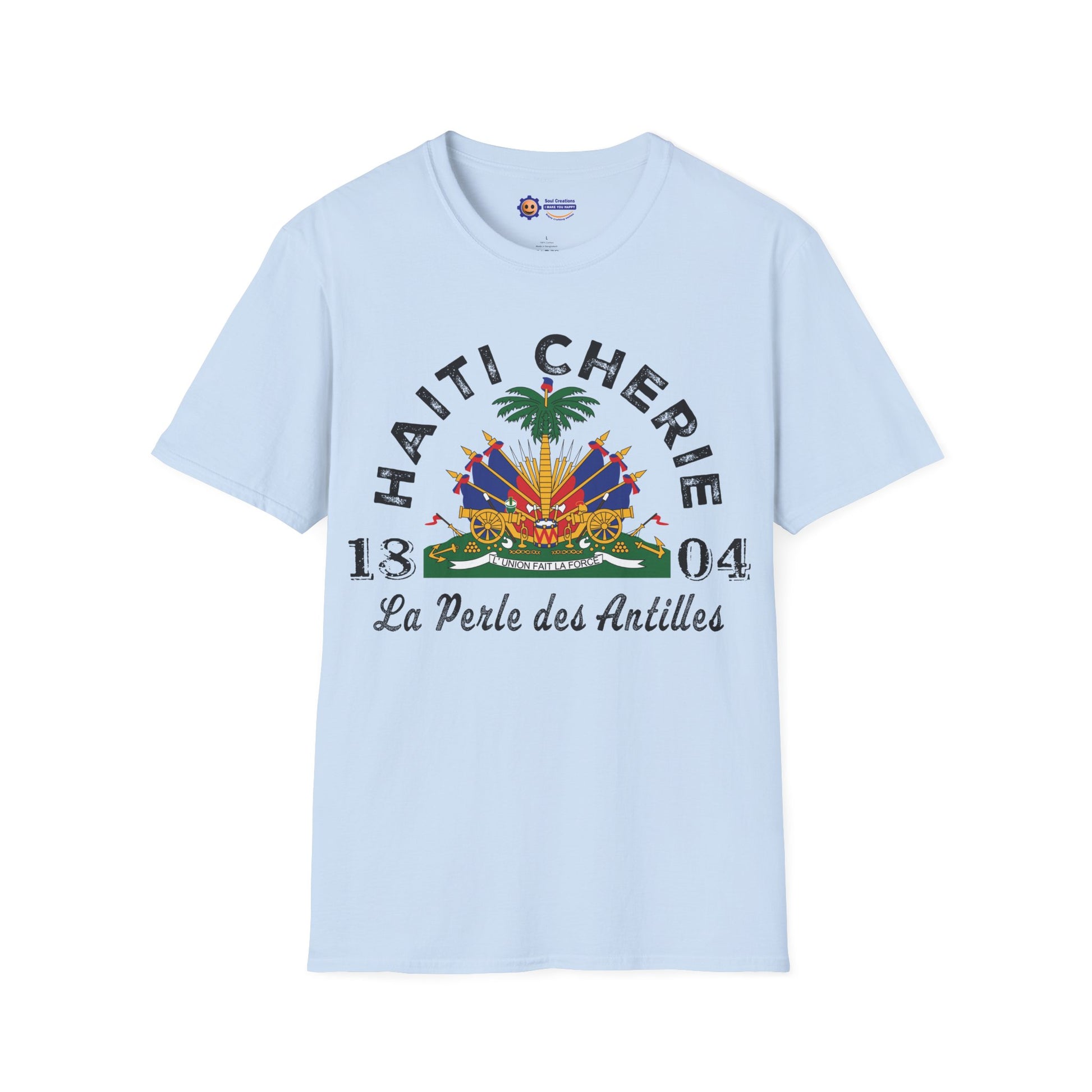 Light blue t-shirt with 'Haiti Chérie' design on a white background