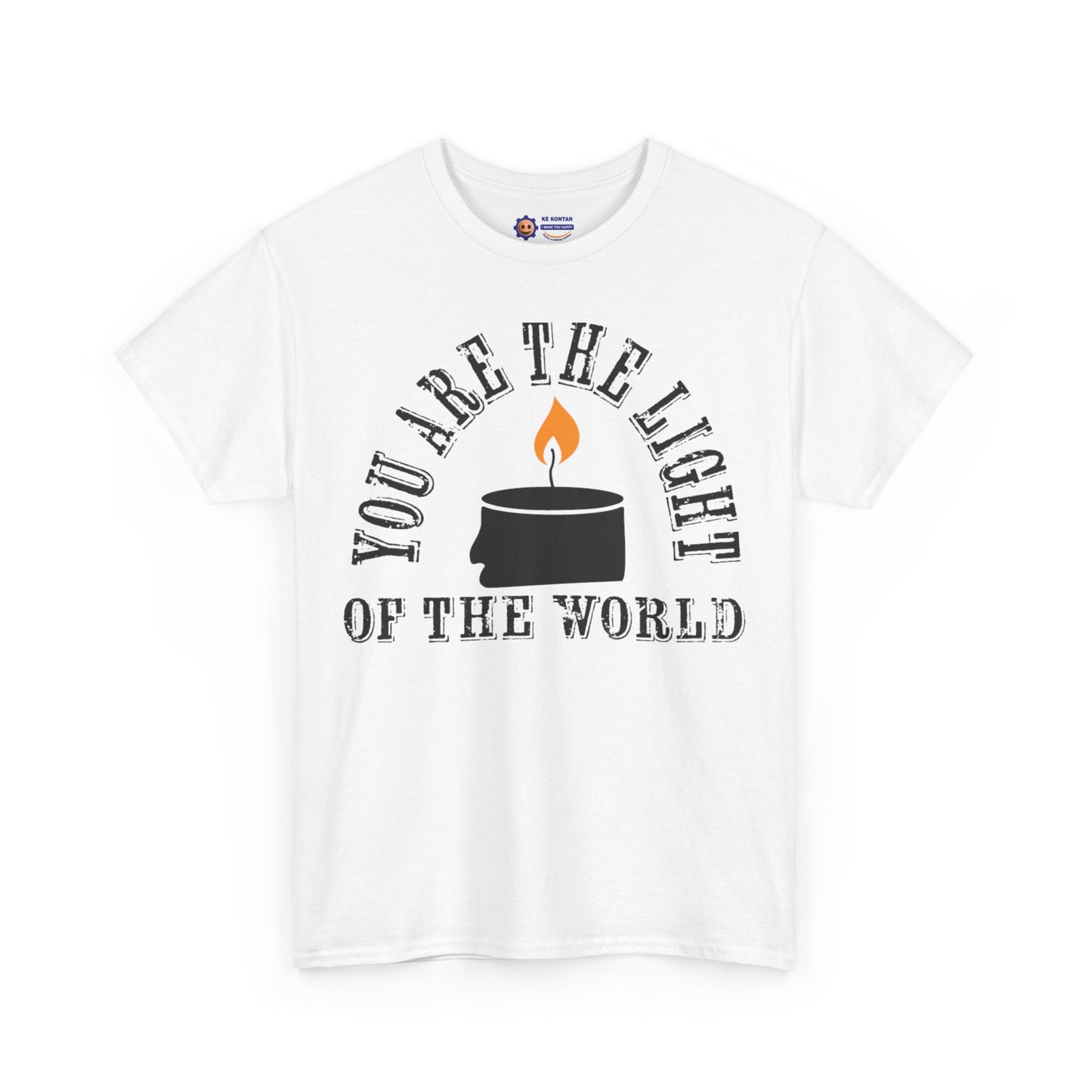 White t-shirt with a graphic and text 'You are the light of the world' on a white background
