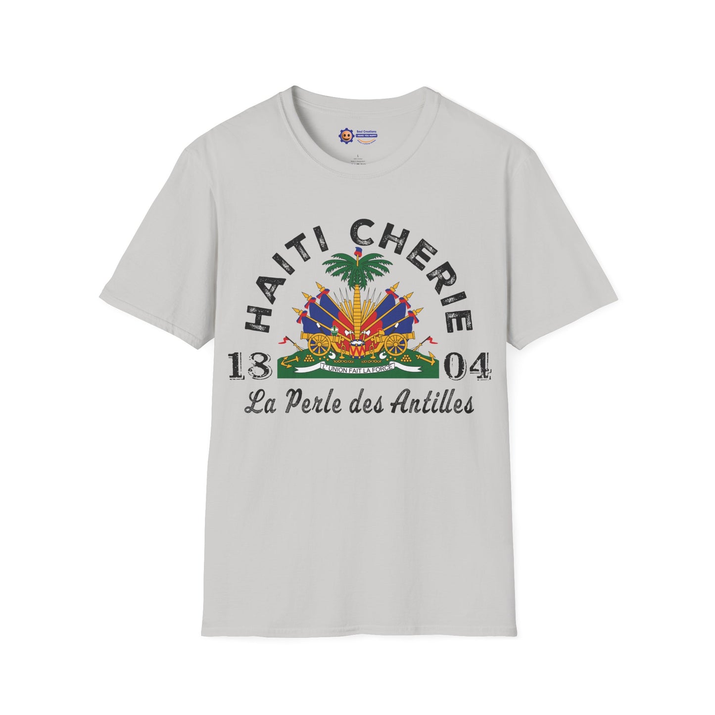 Light gray t-shirt with 'Haiti Chérie' design featuring a palm tree and text on a white background