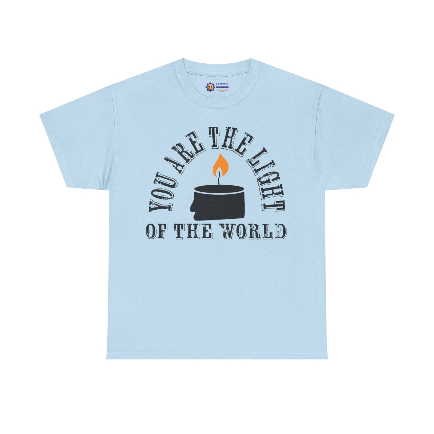 Light blue t-shirt with a candle graphic and text on a white background
