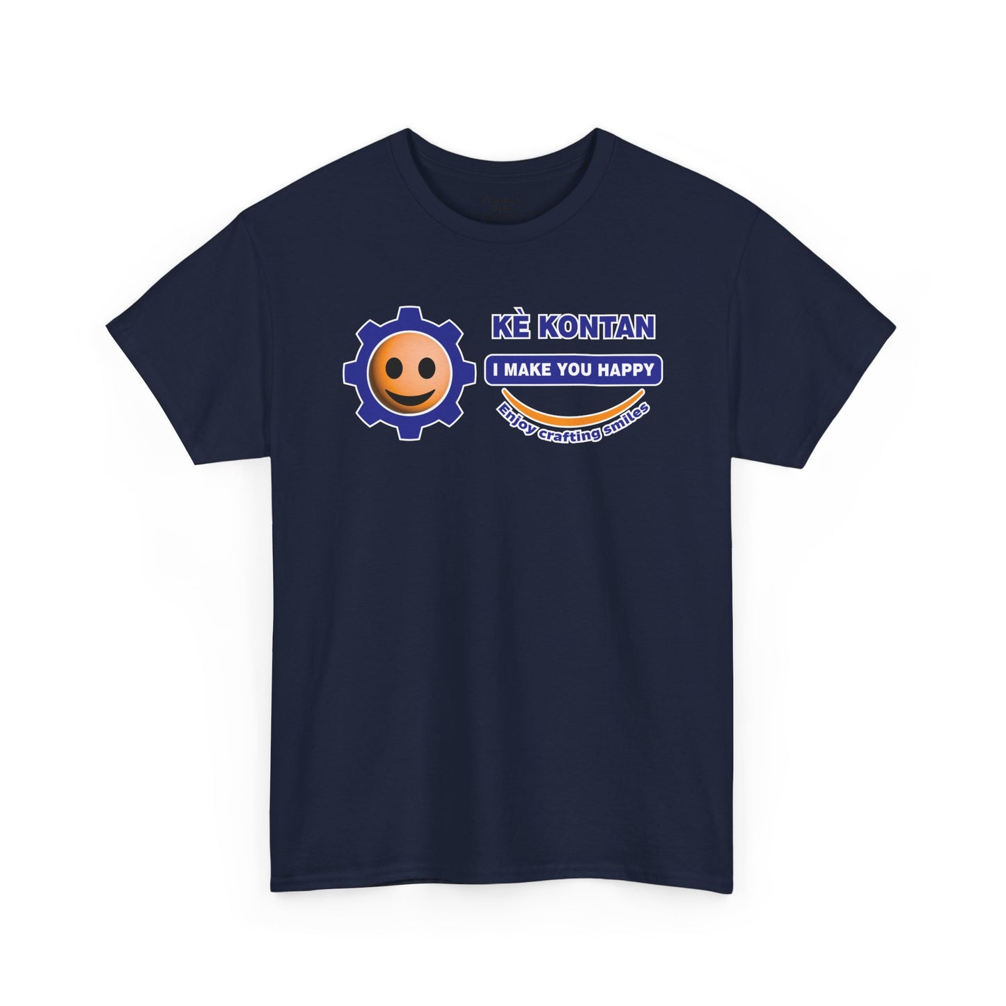 Navy blue t-shirt with a smiley face and text design on a white background