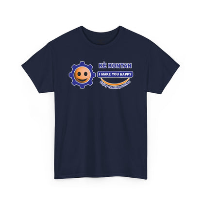 Navy blue t-shirt with a smiley face and text design on a white background