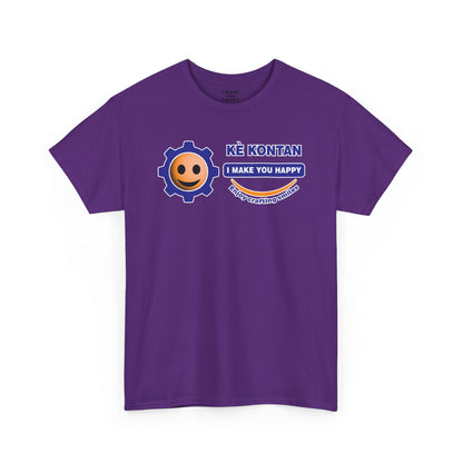 Purple t-shirt with a smiley face and text design on a white background