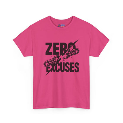 Pink t-shirt with 'Zero Excuses' text and chain graphic on a white background