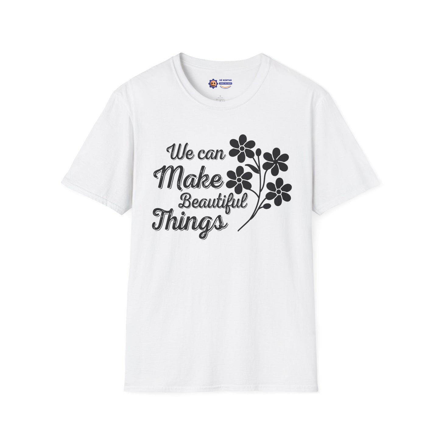 White t-shirt with black text and floral design on a white background