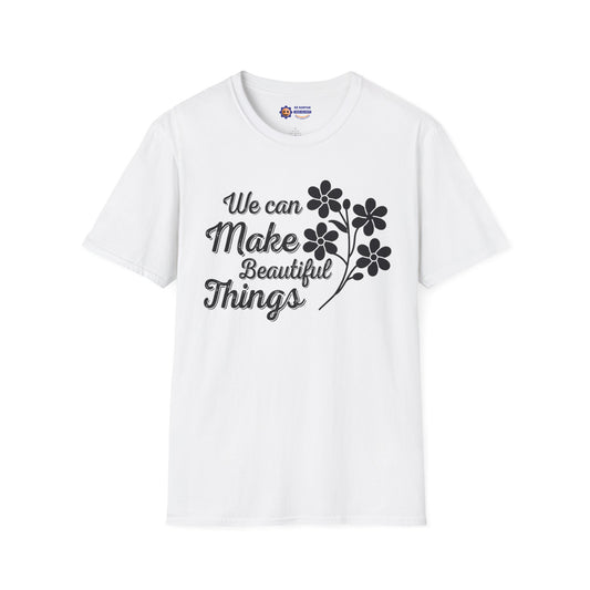 White t-shirt with black text and floral design on a white background